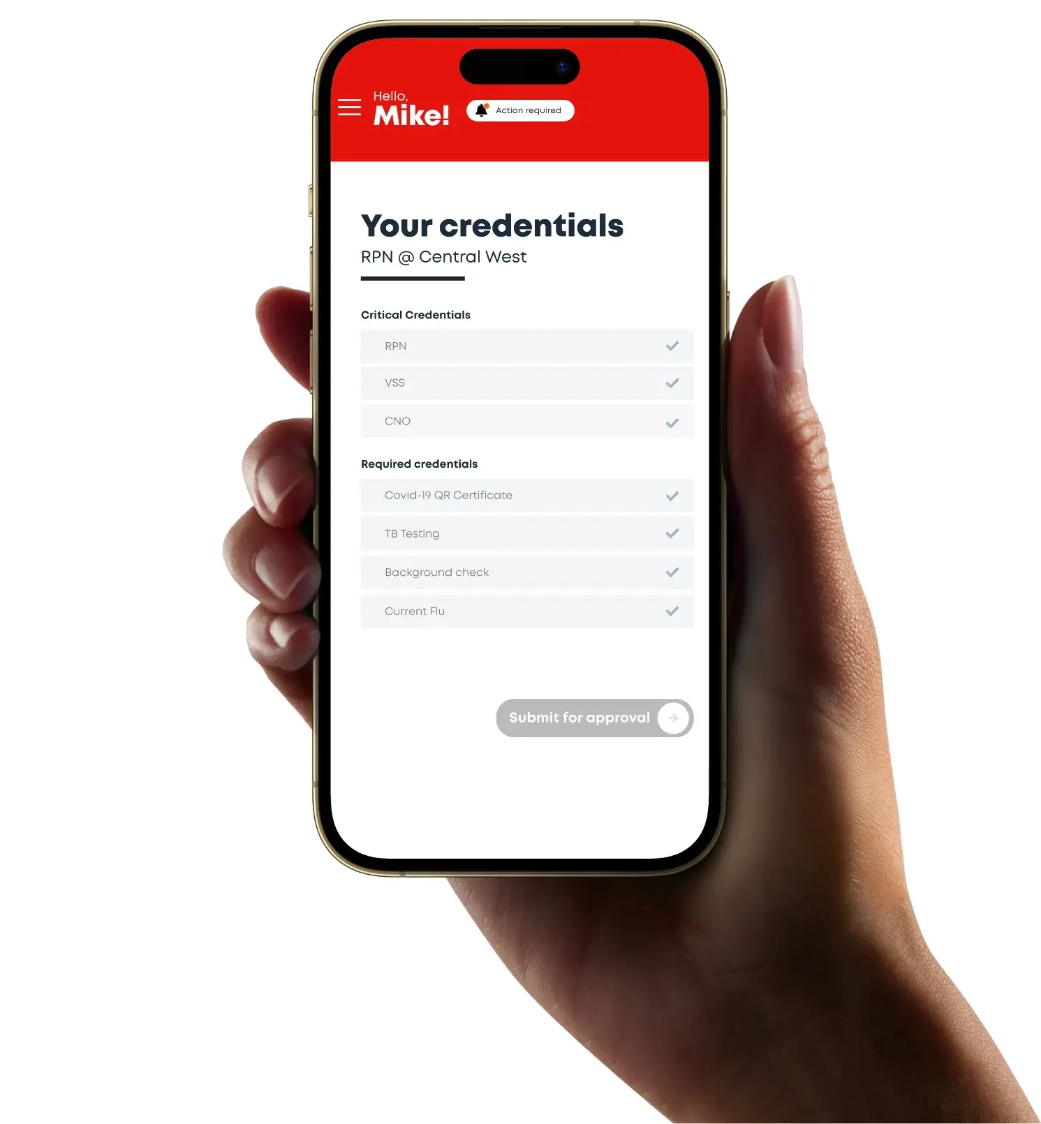 A hand holding a phone showing the Salus credentials screen