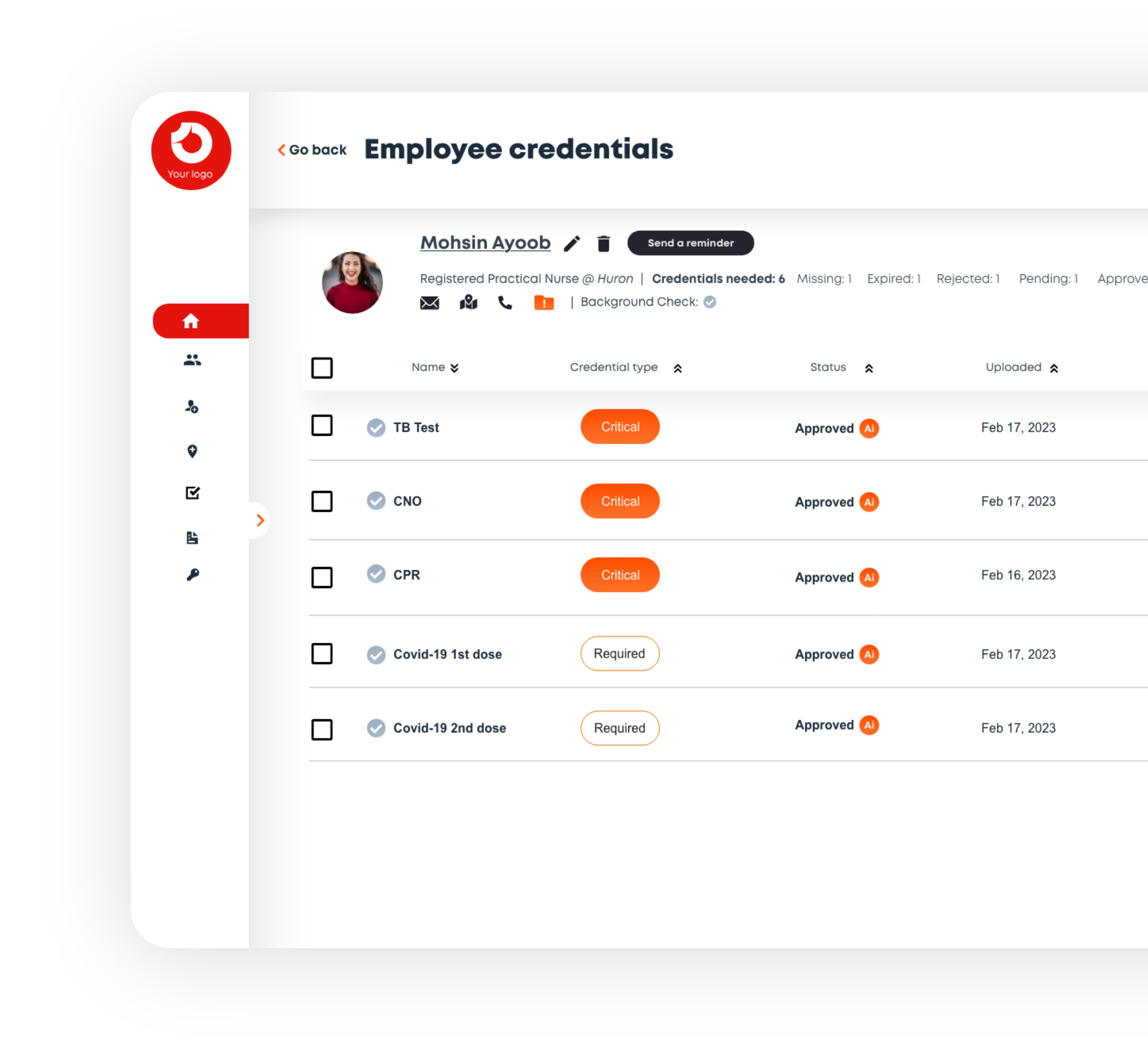 Employee credentials screen listing documents and their status
